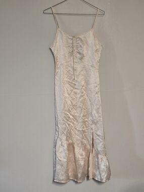 Women’s Satin Blush Pink Midi Slip Dress with Ruching